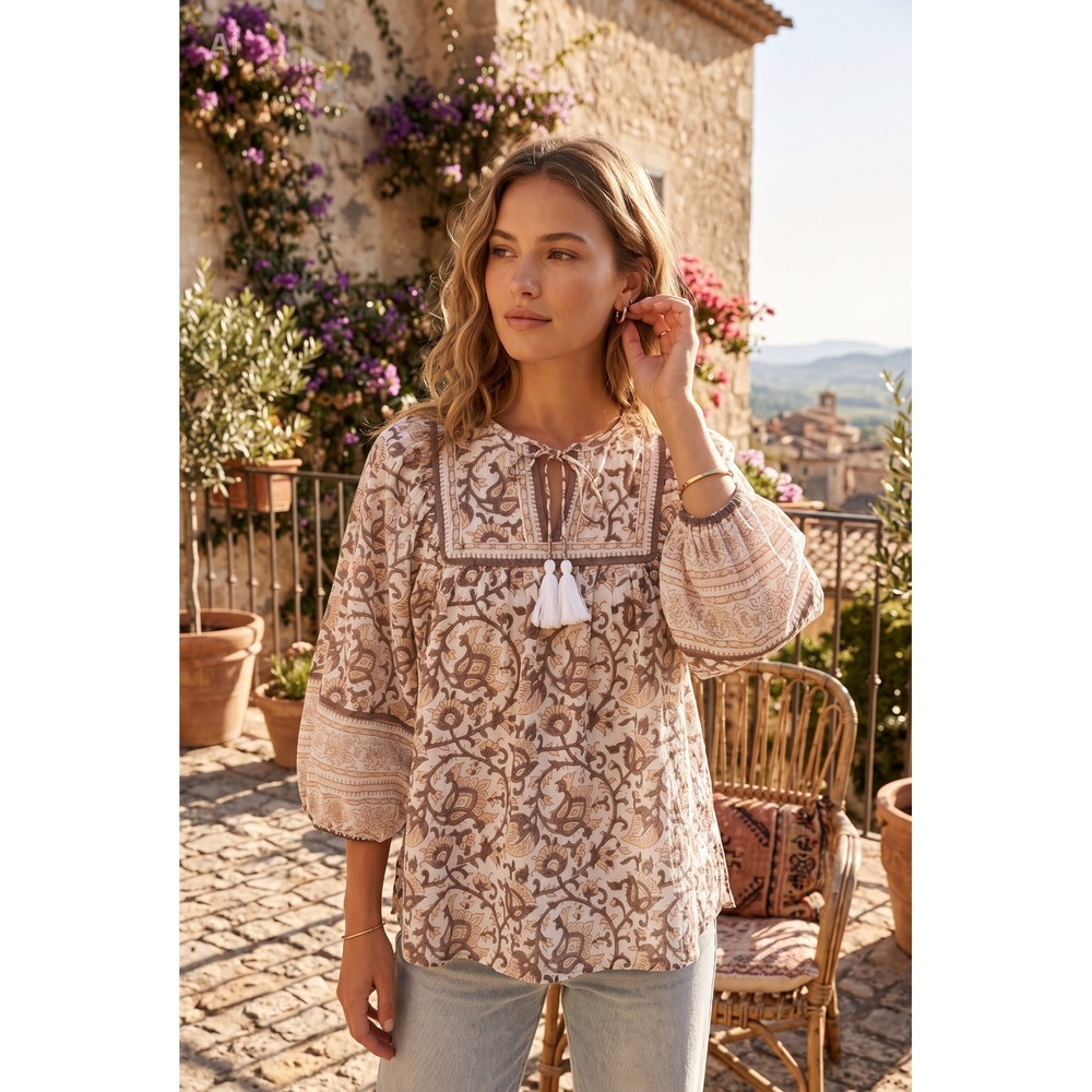 Cleobella Organic Cotton Woodblock Boho Floral Print Tassel Tie Blouse XS NEW